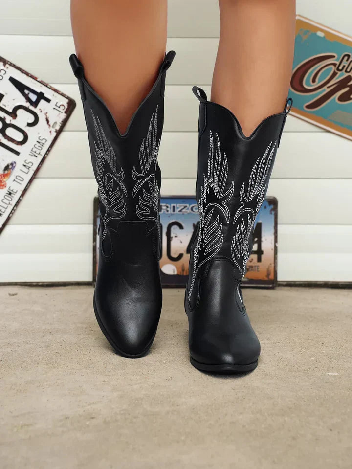 PU Leather Ladies Cowboy Boots with Soft Lining - Clara-Black-4.5-Nora Luxe