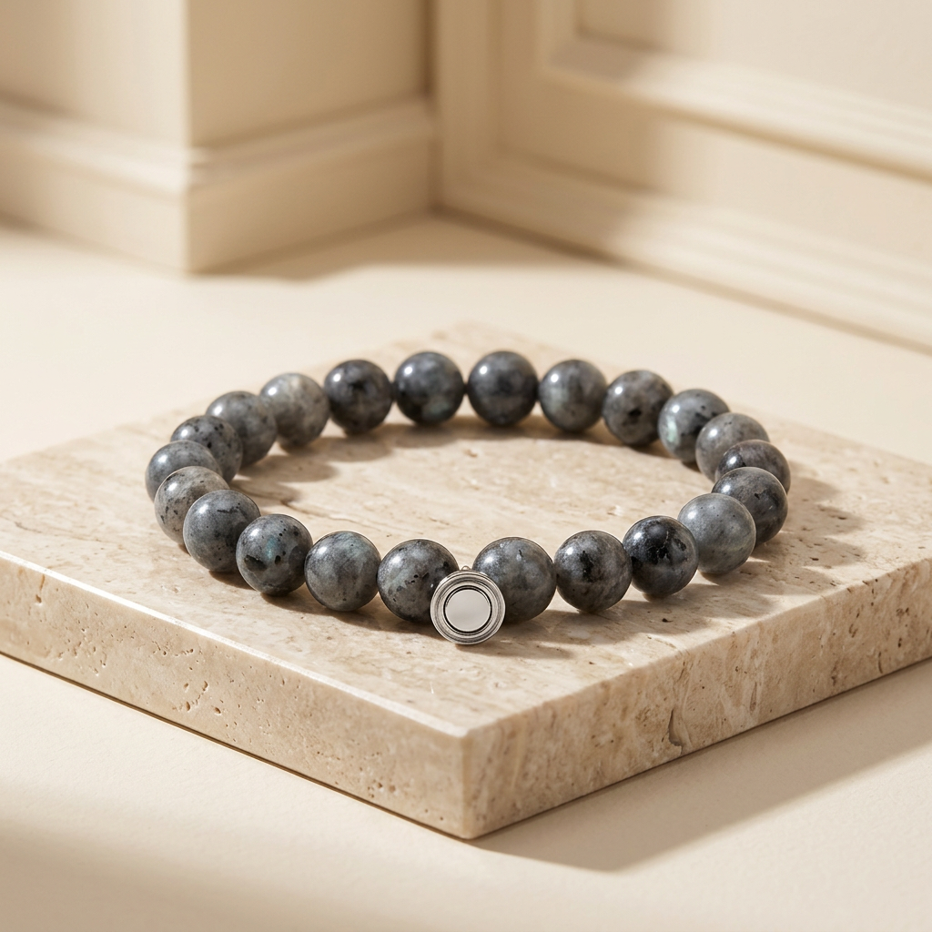 Gray speckled stone bead bracelet with a round metal clasp, resting on a travertine block 1