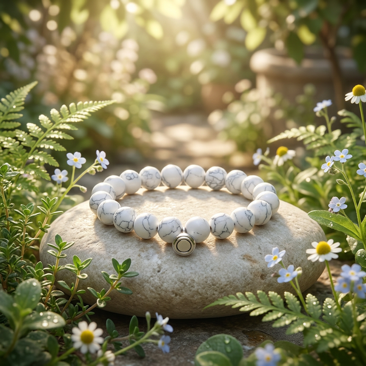 White marbled bead bracelet with a silver magnetic clasp resting on a smooth stone among ferns and small flowers 1