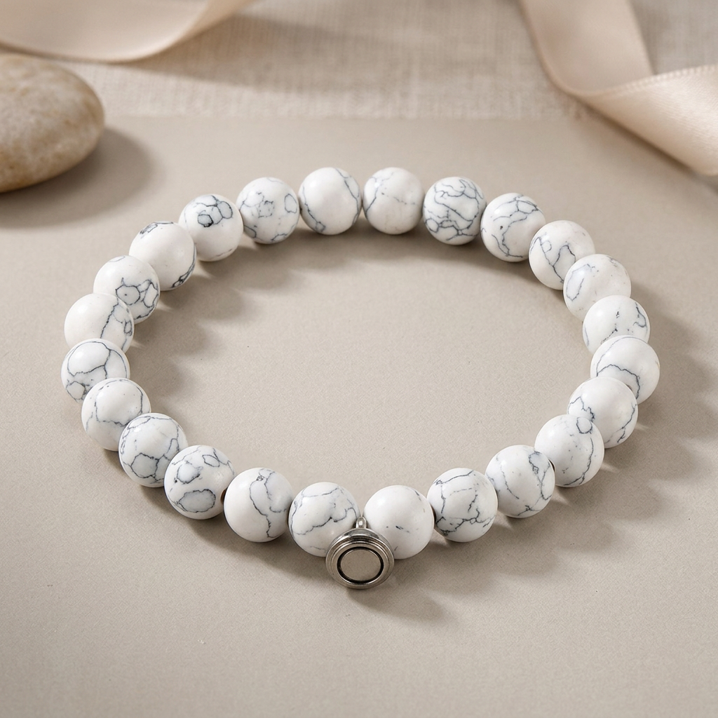 White bead bracelet with gray marbled veining and a round metal clasp, beside a pebble and ribbon 3