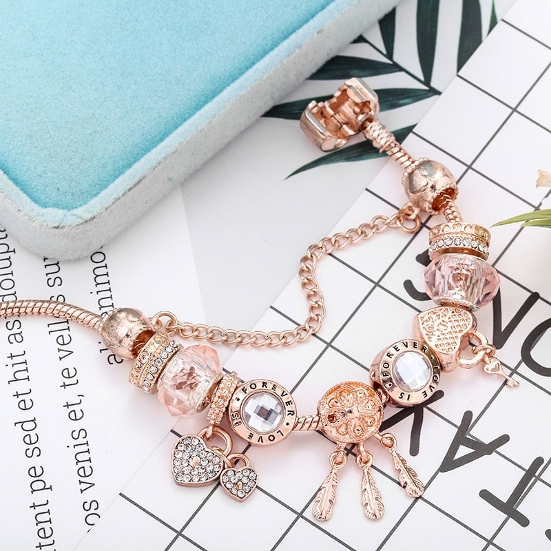 Rose Dreamcatcher Bracelet with Charms in Sterling Silver - Pink-6.30 in-Nora Luxe