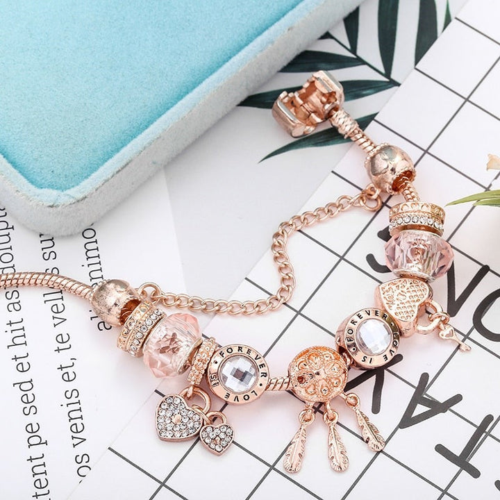 Rose Dreamcatcher Bracelet with Charms in Sterling Silver - Pink-6.30 in-Nora Luxe