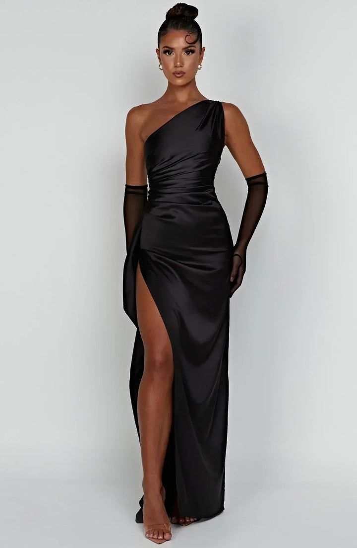 Satin Split Dress with One Shoulder - Vivienne-Black-XS-The Livary