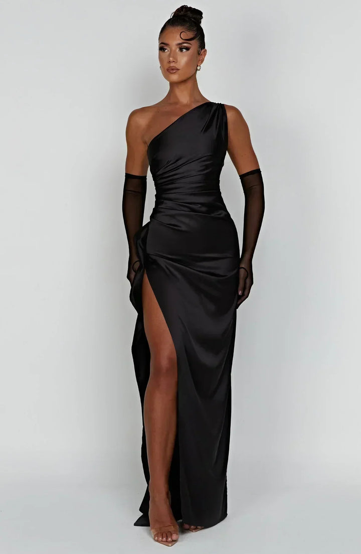 Satin Split Dress with One Shoulder - Vivienne-Red-XS-The Livary