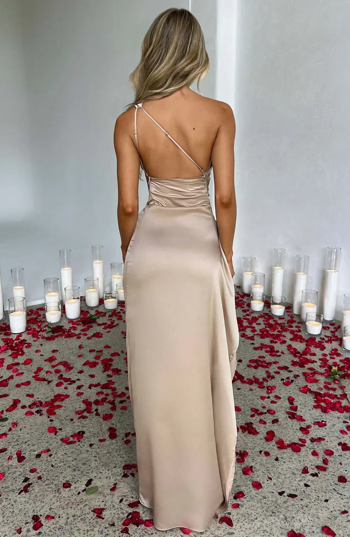 Satin Split Dress with One Shoulder - Vivienne-Red-XS-The Livary