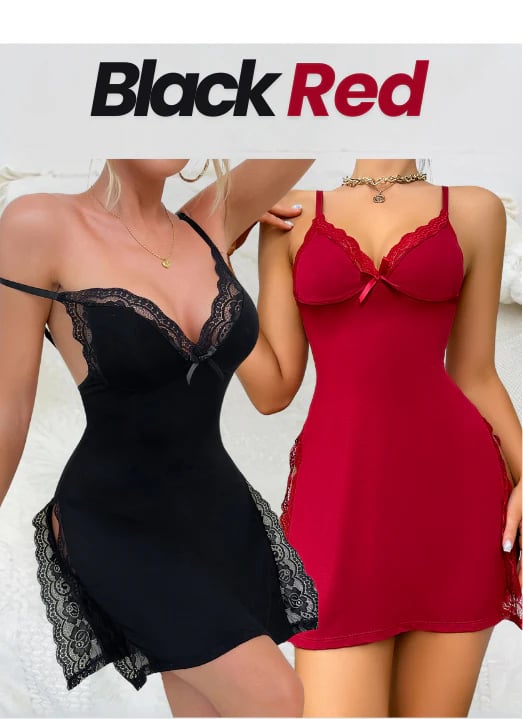 Seductive lace nightgown with V-neck – Loreen-Black-S-Nora Luxe