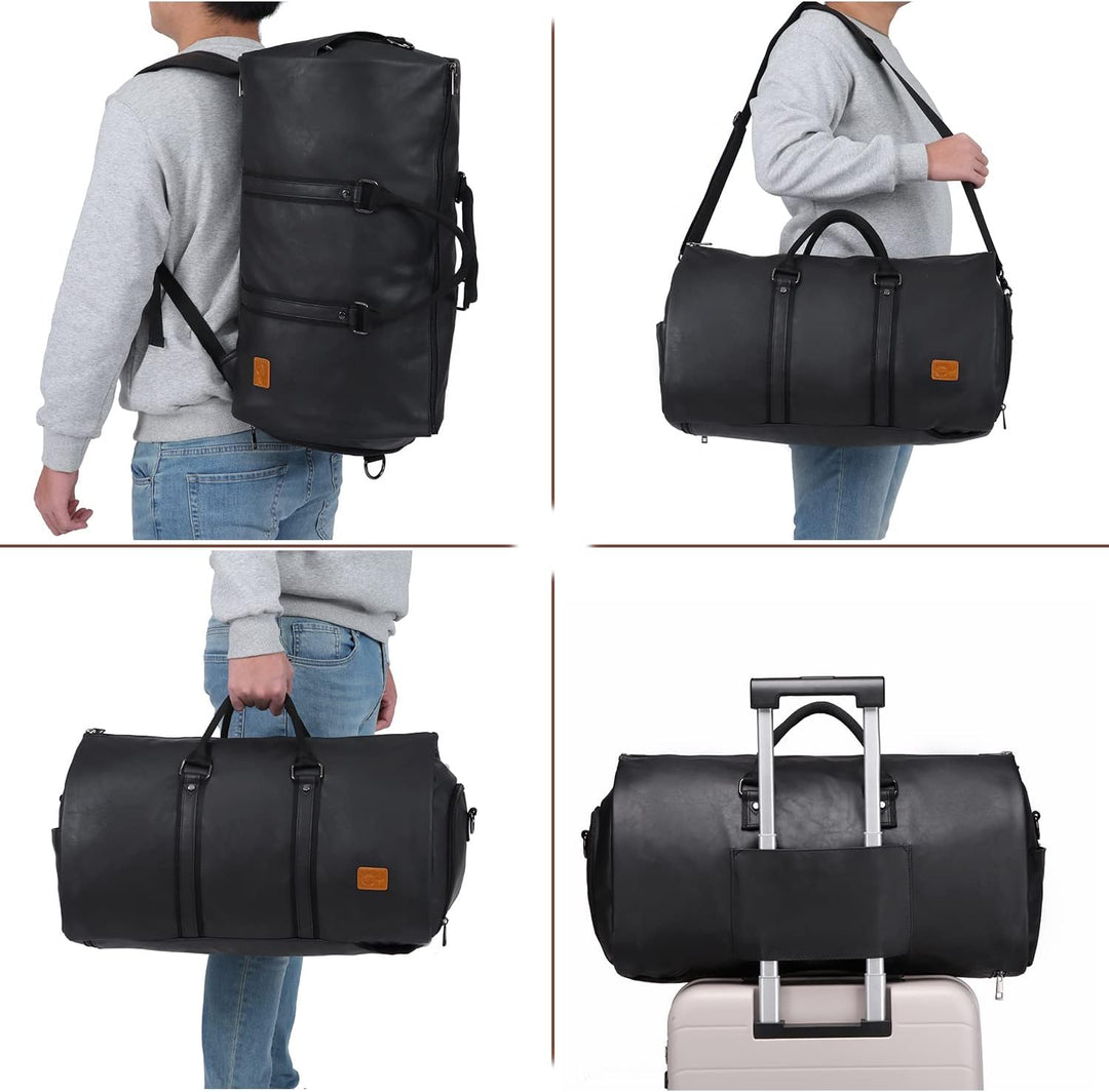Convertible PU Leather Garment Duffel – Carry-On Weekender Suit Travel Bag