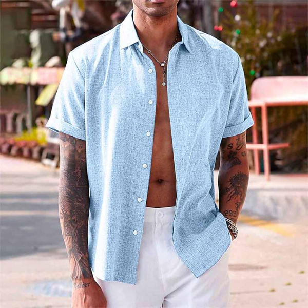 Short-sleeved cotton-linen shirt for men – Oscar-Royal blue-XS-The Livary