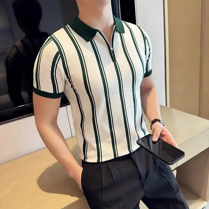 Short-sleeved polo shirt with zipper for men - Silvano-White-M-Nora Luxe
