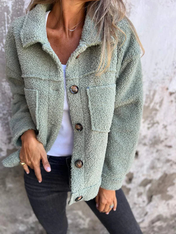 Short Teddy Coat - Dion | Warm with Stylish Lapel Collar-Green-S-Nora Luxe