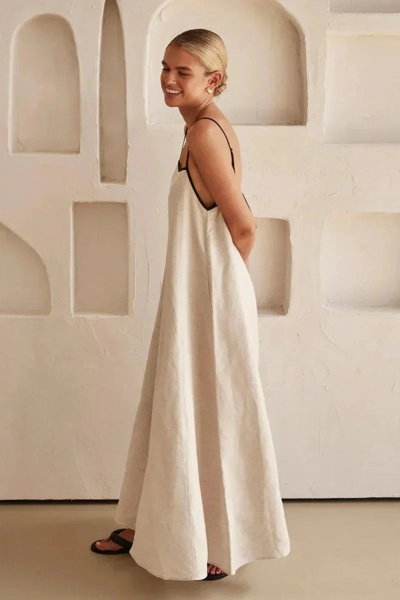 Sleeveless Beige Boho Maxi Dress in Linen Look – Elin-S-State of Style