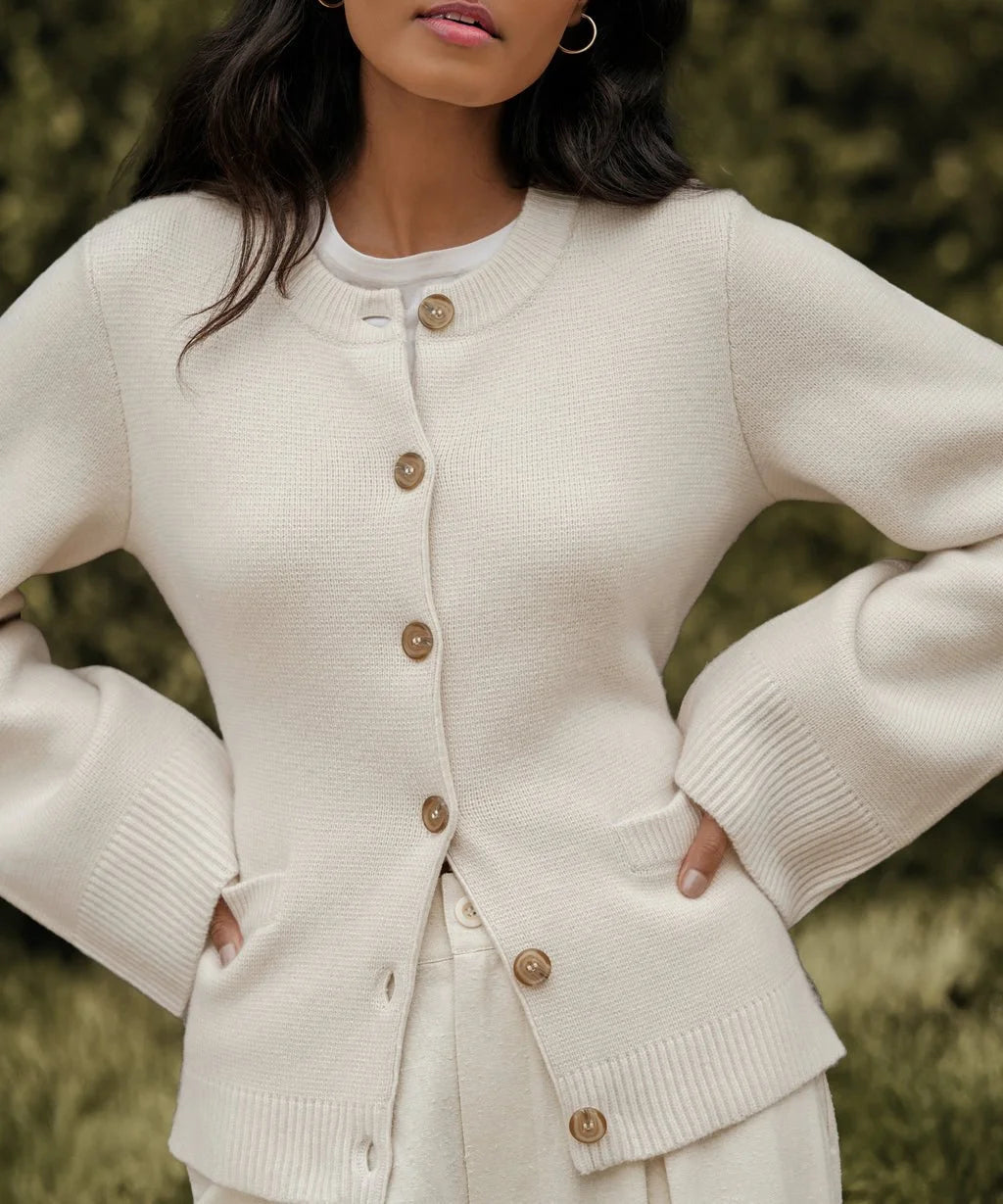 Soft Button-Up Sweater - Eveline-Beige-XS-Nora Luxe