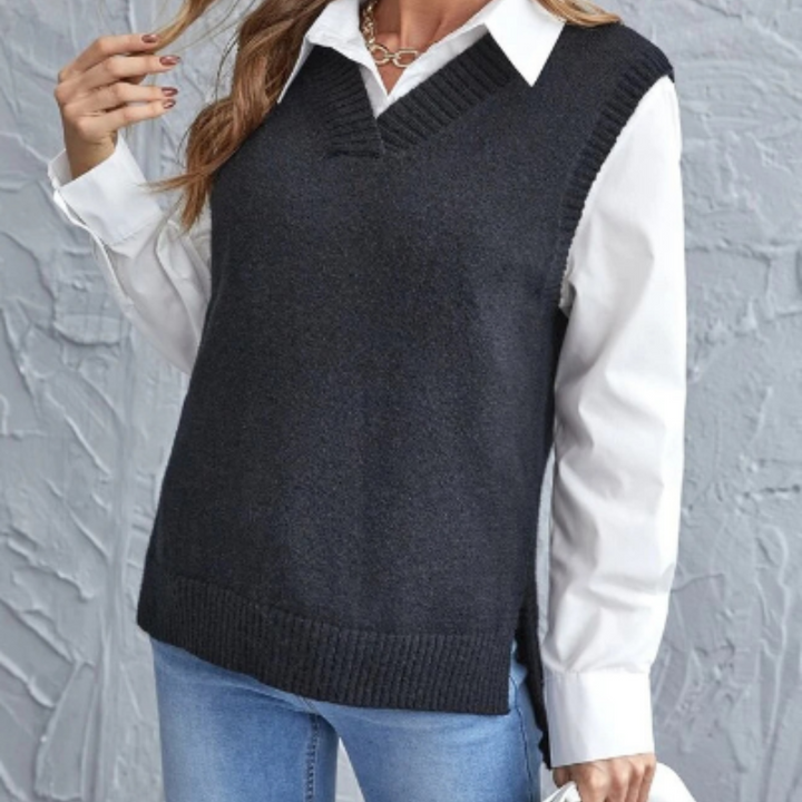 Soft Knitted Vest with V-Neck - Faye-Black-S-Nora Luxe