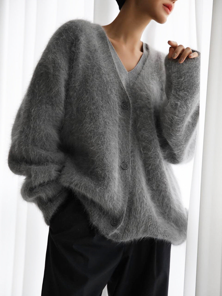 Soft Knitted Women's Cardigan with V-Neck - Sophie-Dark Gray-S-Nora Luxe