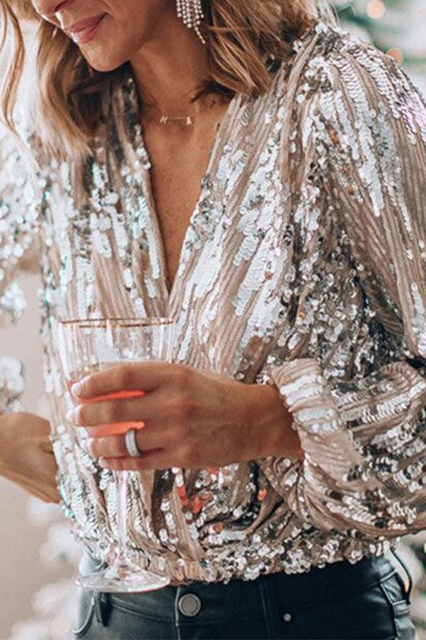 Sparkling & Stylish Women's Glitter V-Neck Long Sleeve Top – Naya-XS-Nora Luxe