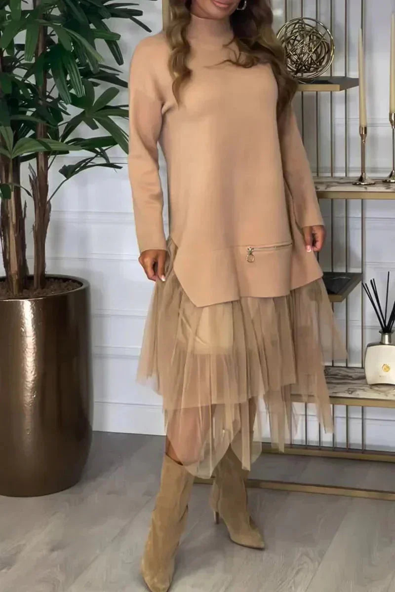 Casual Dress With Long Sleeves And Mesh Skirt – Ysolde
