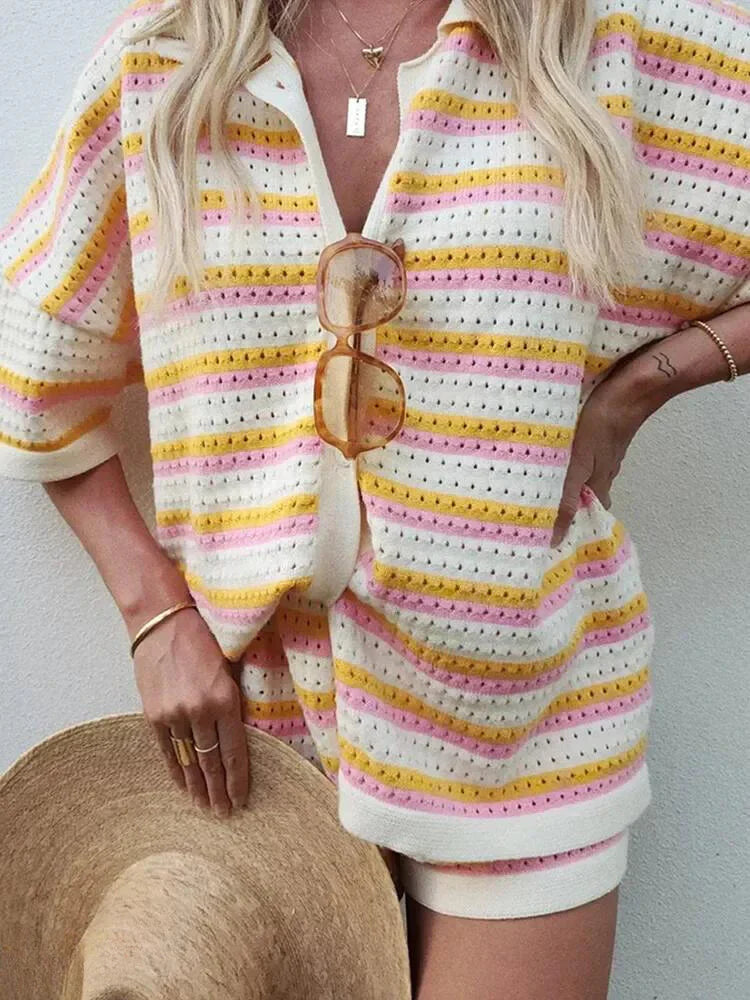 Striped Ladies' Summer Set with Top and Shorts – Faye-Orange-S-State of Style