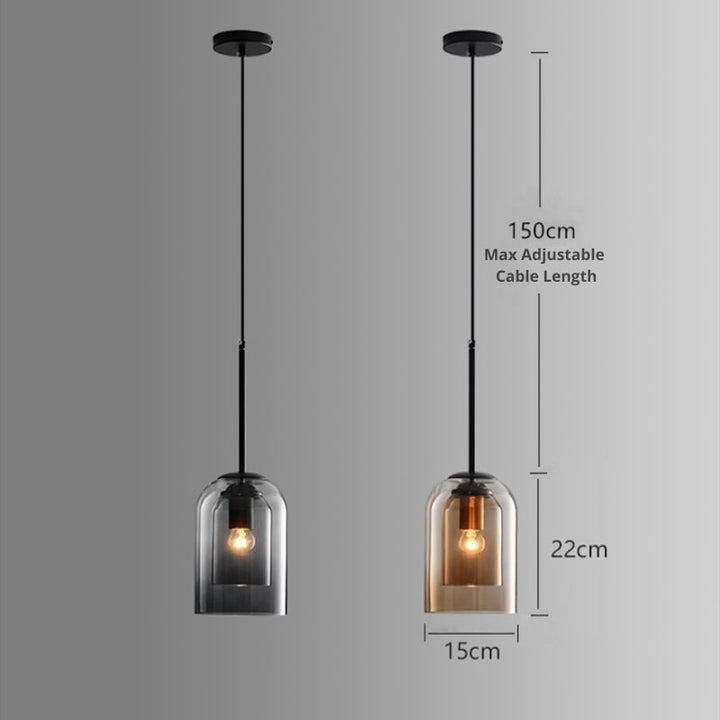 Both pendant colors with dimension lines marking height, width and maximum adjustable cable length 12