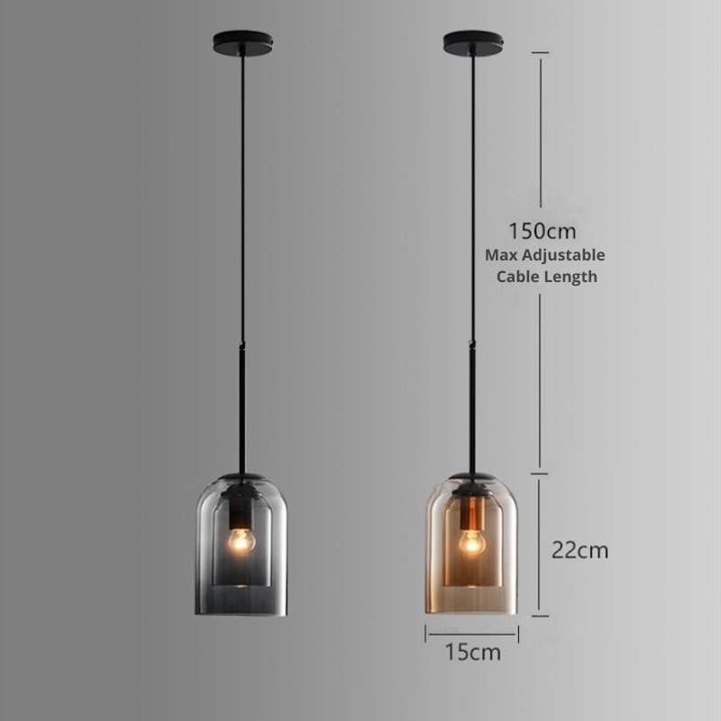 Both pendant colors with dimension lines marking the lamp size and maximum adjustable hanging cord length 12
