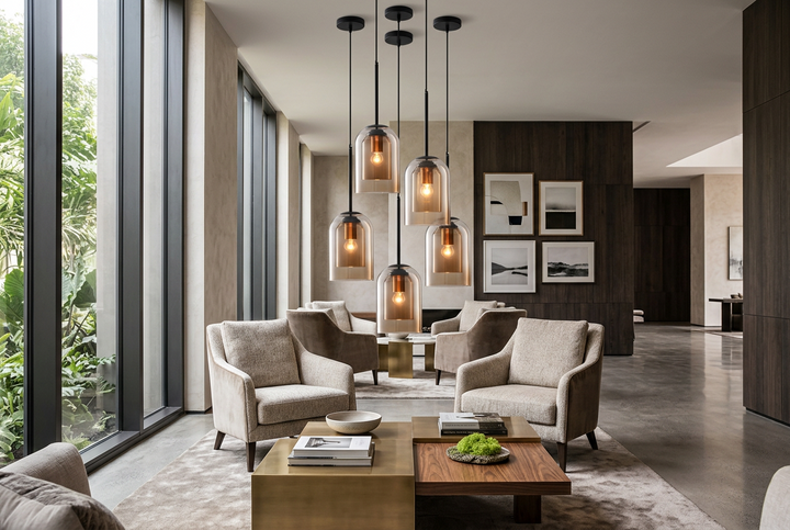 Cluster of amber glass pendants hanging at varied heights above armchairs and coffee tables in a spacious living room 1