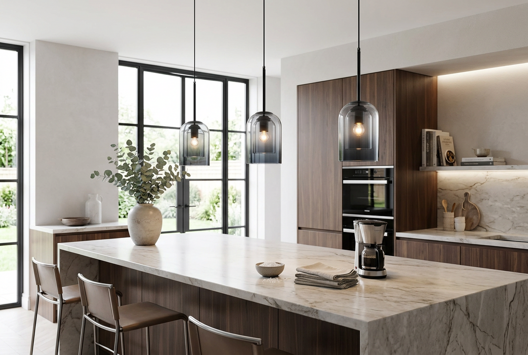 Three smoked glass pendants hang above a marble kitchen island with wood cabinets and tall windows 1