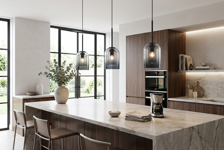 Three smoked glass pendants hang above a marble kitchen island with wood cabinets and tall windows 1