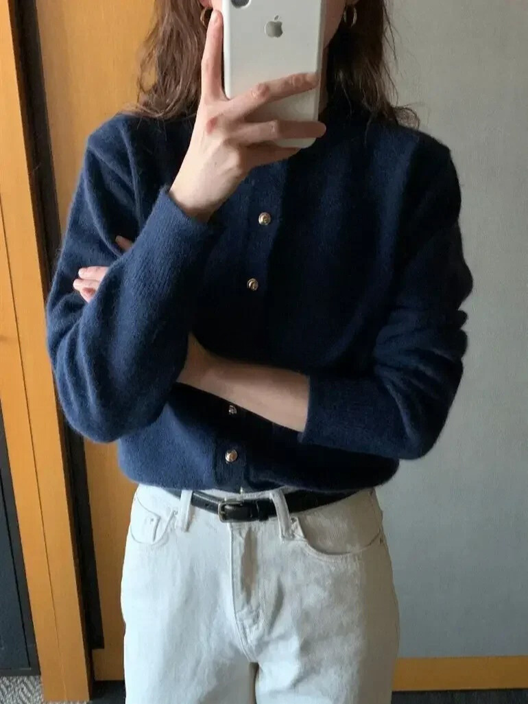 Stylish Knitted Cardigan with O-neck - Sophie-Marine blue-S-Nora Luxe