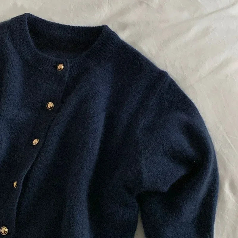 Stylish Knitted Cardigan with O-neck - Sophie-Marine blue-S-Nora Luxe