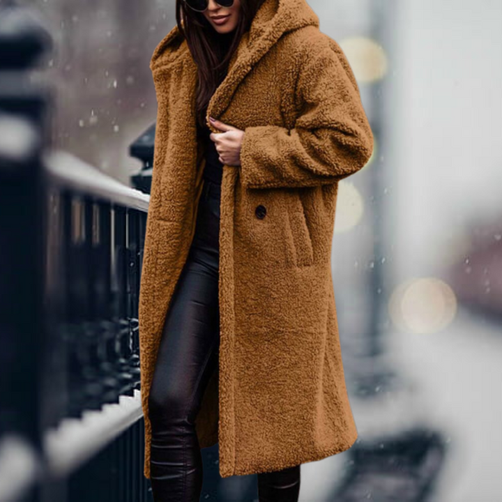 Stylish Ladies Faux Fur Coat with Hood - Vivienne-Golden Camel-S-Nora Luxe