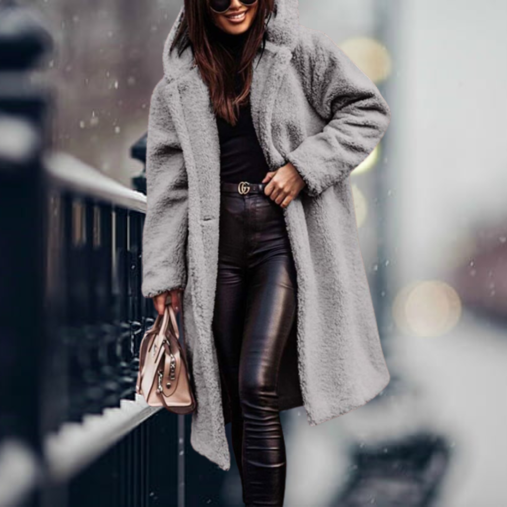 Stylish Ladies Faux Fur Coat with Hood - Vivienne-Gray-S-Nora Luxe