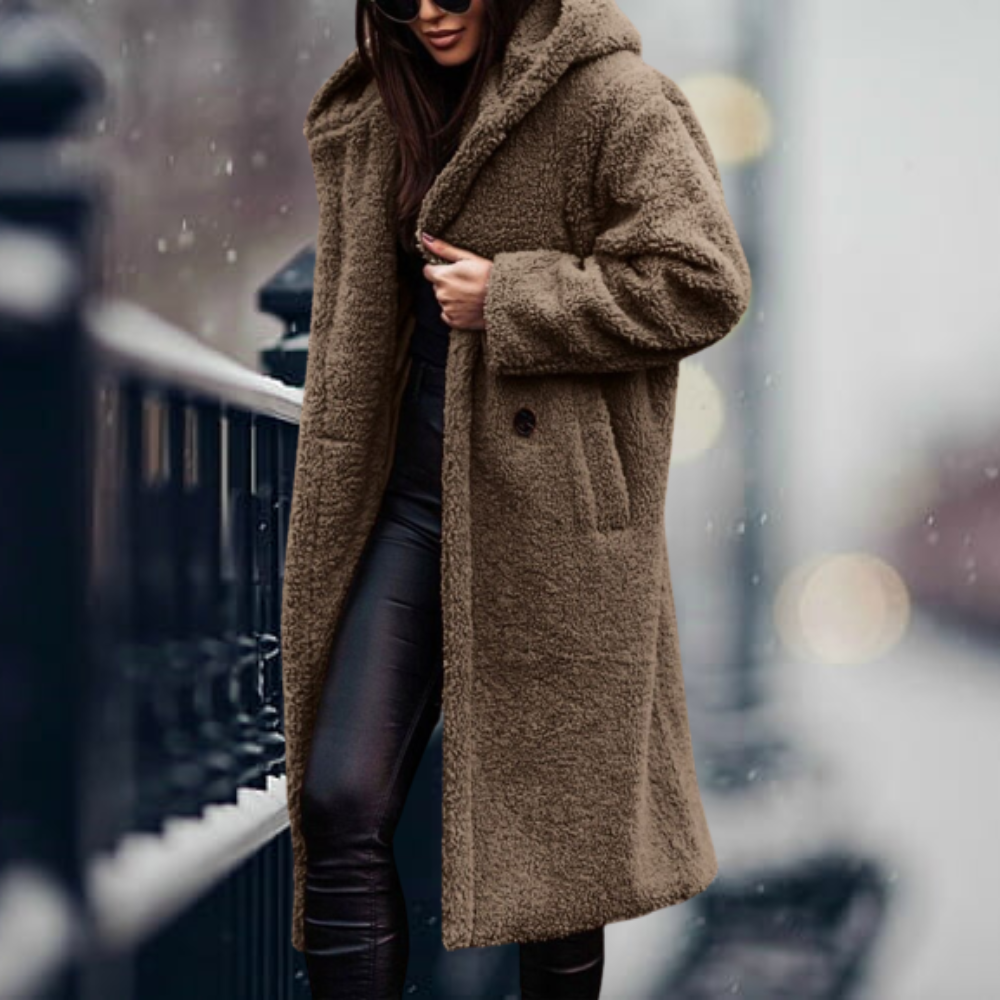 Stylish Ladies Faux Fur Coat with Hood - Vivienne-Khaki-S-Nora Luxe