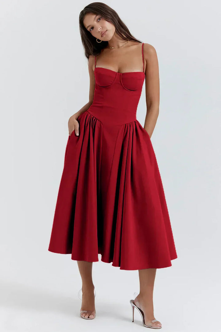 Stylish ladies' summer dress with spaghetti straps & waist corset – Mira-Blue-S-Nora Luxe