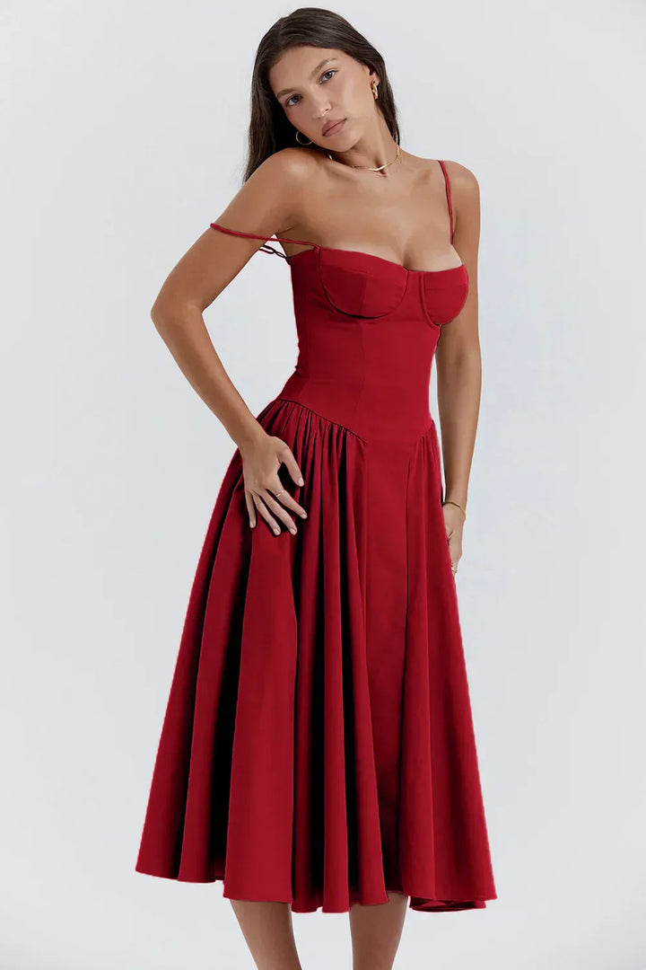 Stylish ladies' summer dress with spaghetti straps & waist corset – Mira-Blue-S-Nora Luxe
