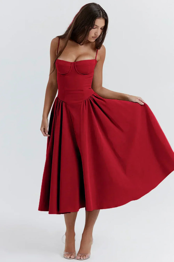 Stylish ladies' summer dress with spaghetti straps & waist corset – Mira-Blue-S-Nora Luxe