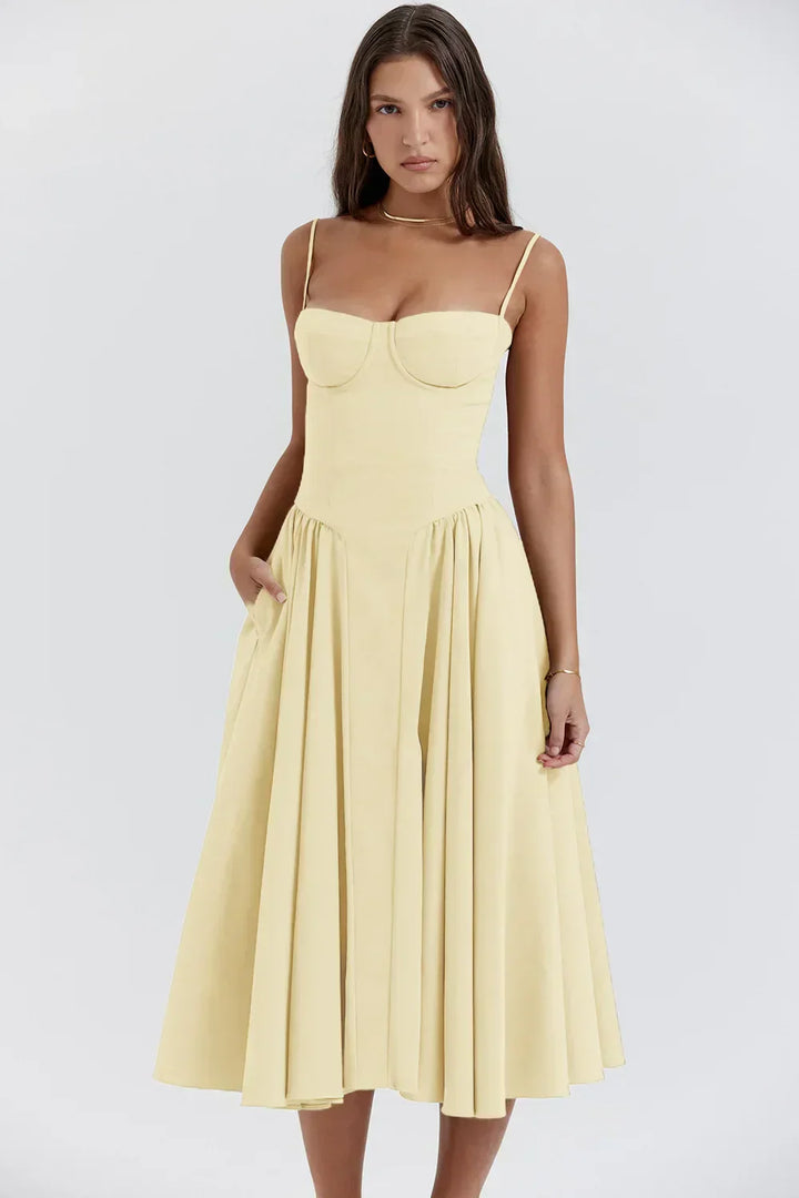 Stylish ladies' summer dress with spaghetti straps & waist corset – Mira-Blue-S-Nora Luxe