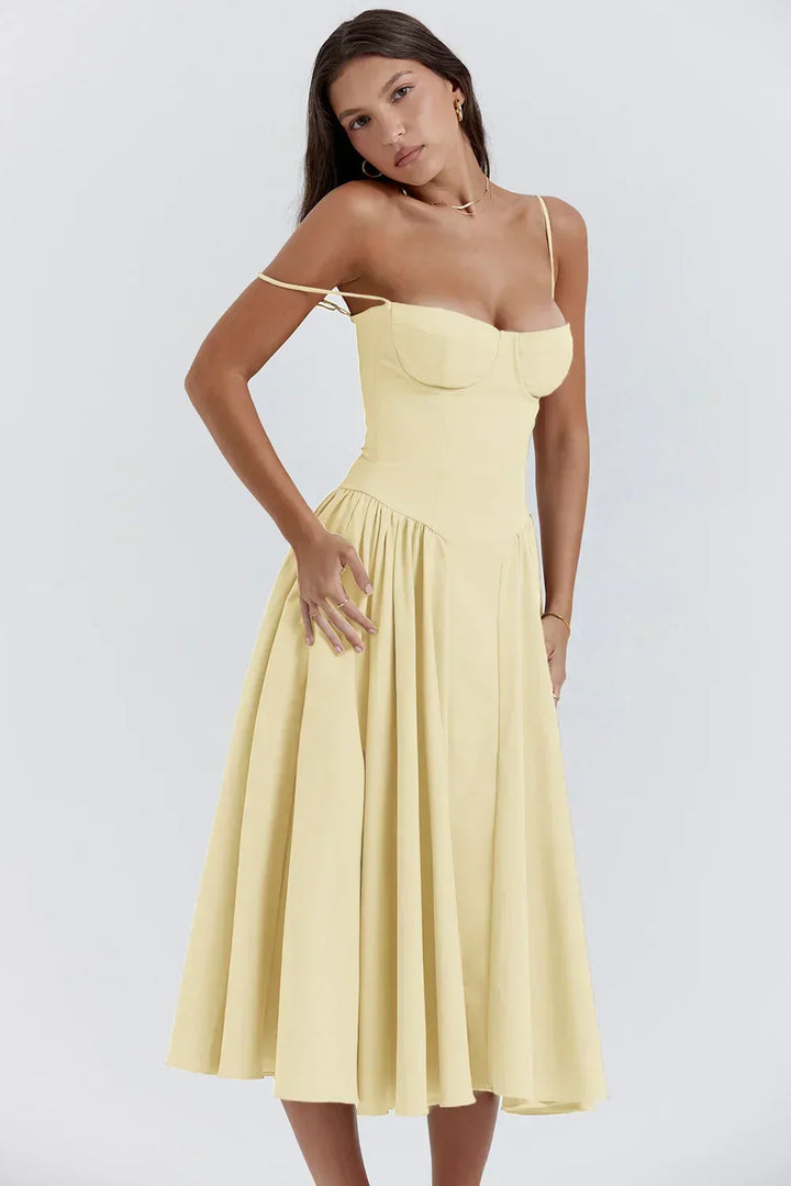 Stylish ladies' summer dress with spaghetti straps & waist corset – Mira-Blue-S-Nora Luxe