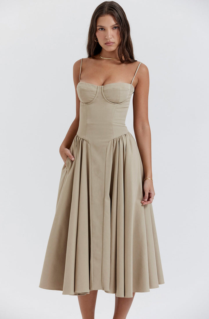 Stylish ladies' summer dress with spaghetti straps & waist corset – Mira-Blue-S-Nora Luxe