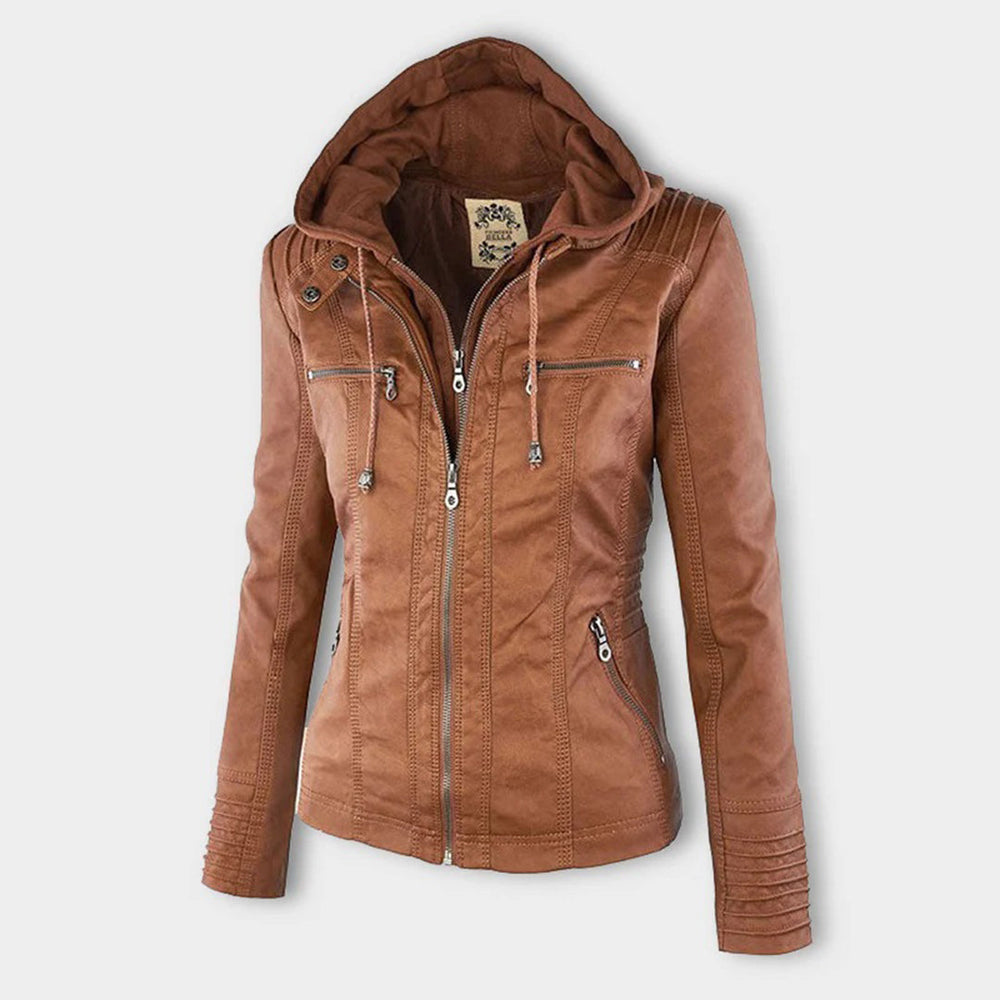 Stylish Leather Summer Jacket for Ladies - Elara-Khaki-S-Nora Luxe