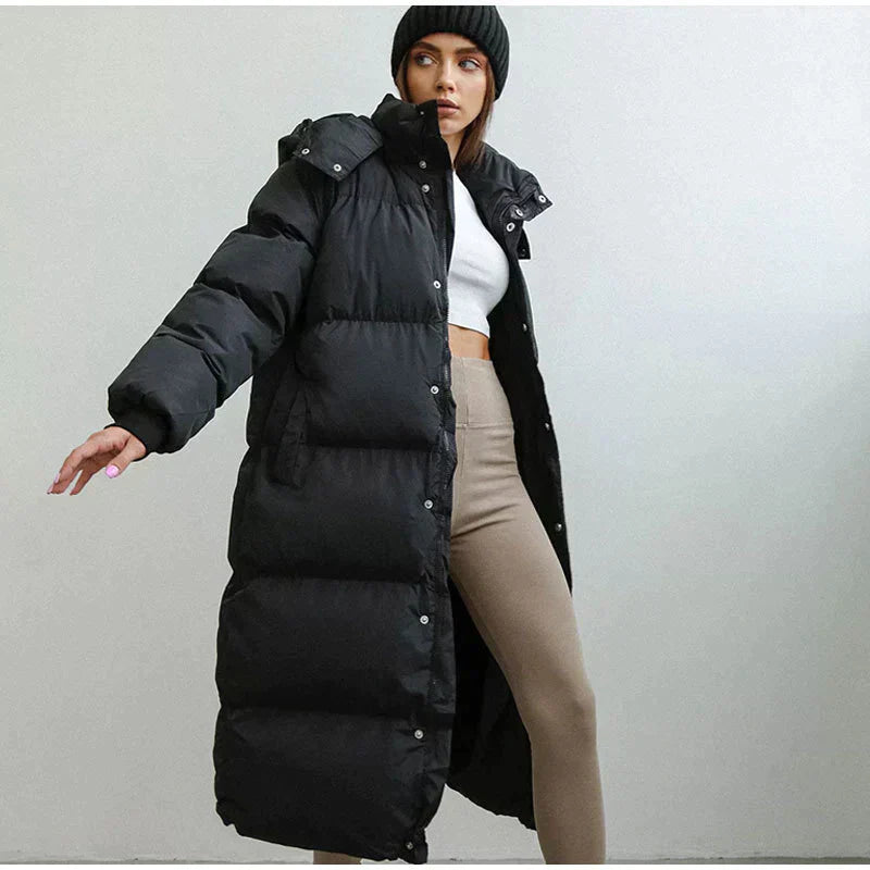 Stylish Long Ladies' Down Jacket - Elise-Black-XS-Nora Luxe
