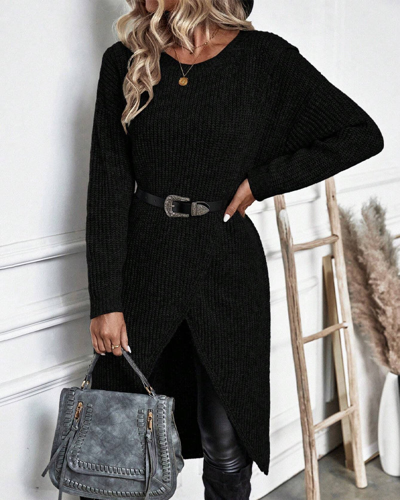 Stylish Plain Sweater Dress - Lina-Gray-S-Nora Luxe