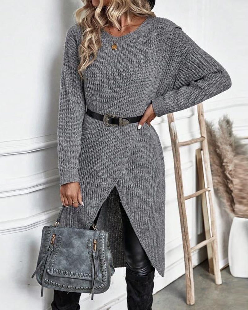 Stylish Plain Sweater Dress - Lina-Gray-S-Nora Luxe