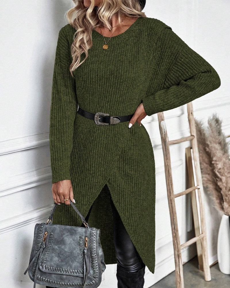 Stylish Plain Sweater Dress - Lina-Gray-S-Nora Luxe