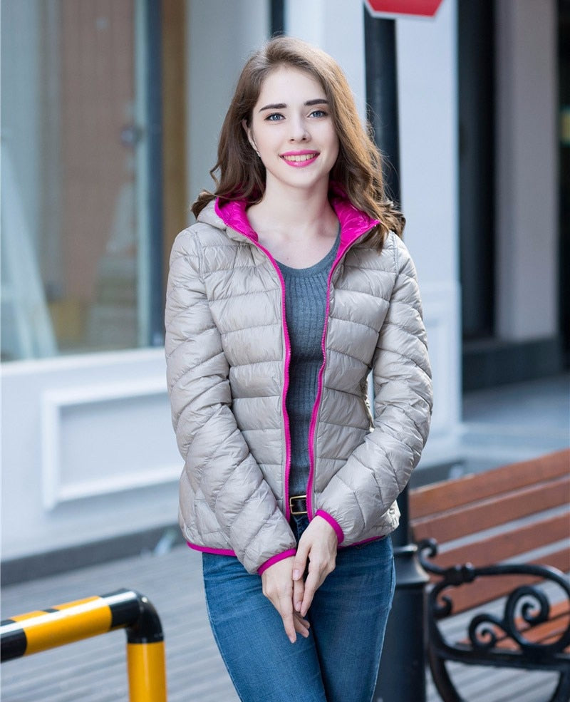Stylish Reversible Women's Down Jacket - Aurora-Beige/Pink-S-Nora Luxe
