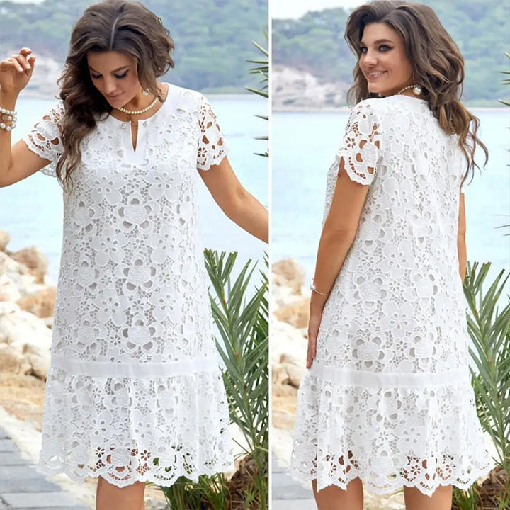 Stylish summer midi dress with floral neckline – Liora-S-Nora Luxe