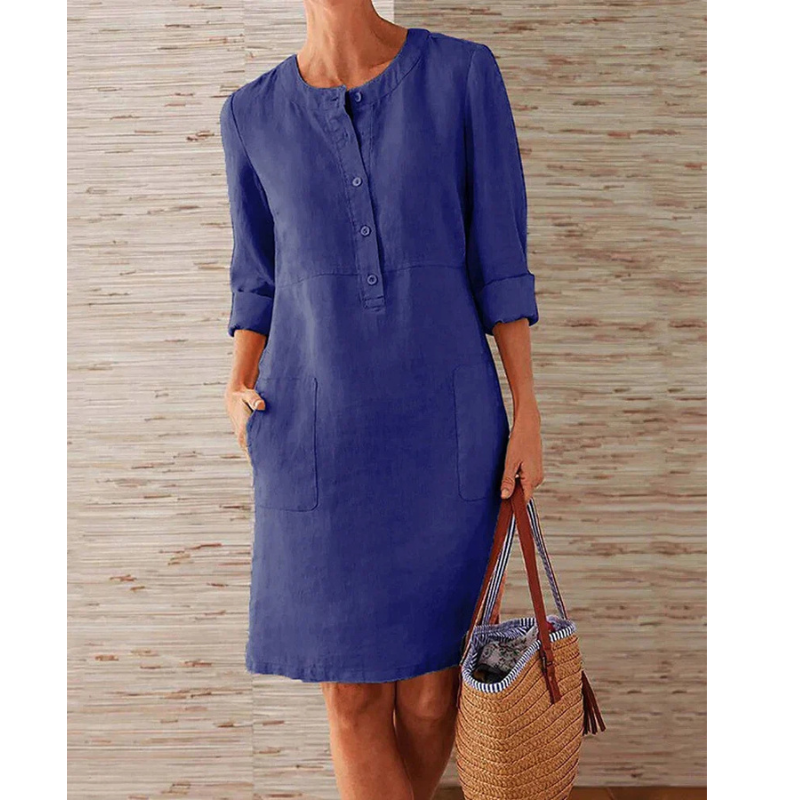 Stylish women's casual dress with pockets & round neckline – Niva-Navy blue-M-Nora Luxe