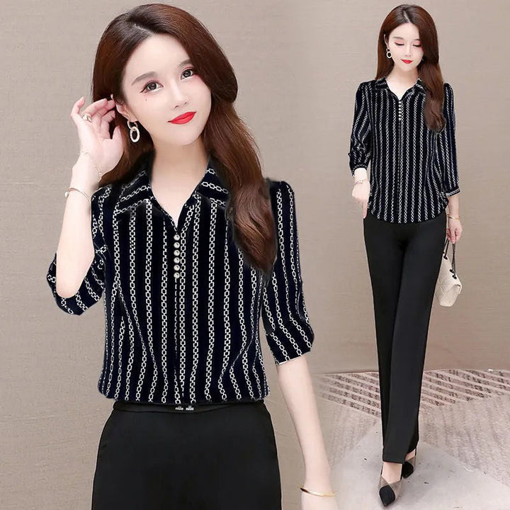 Stylish women's chiffon blouse with buttons & fold-over collar – Fenya-Black-L-Nora Luxe