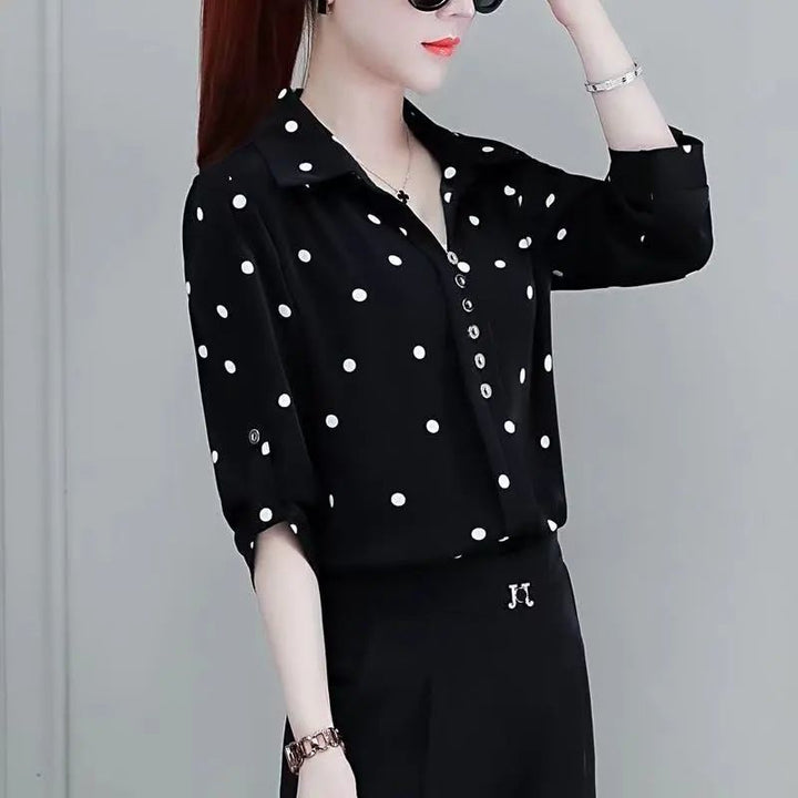Stylish women's chiffon blouse with buttons & fold-over collar – Fenya-Clear-L-Nora Luxe
