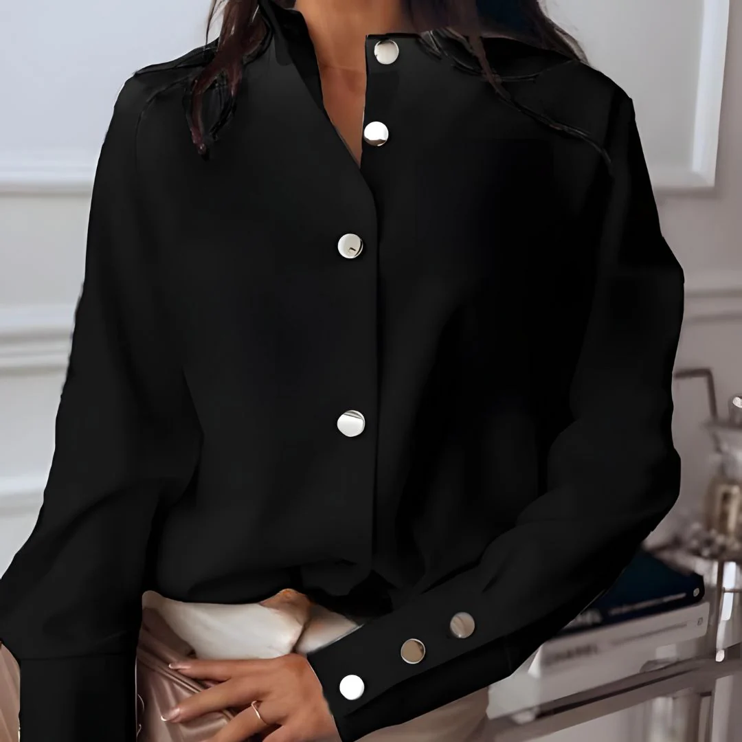Stylish women's shirt with button placket & classic collar – Norea-Black-S-Nora Luxe