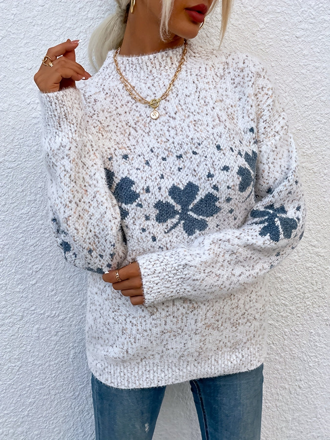 Sweater with Four-leaf Clover Pattern - Maeve-Beige-S-Nora Luxe