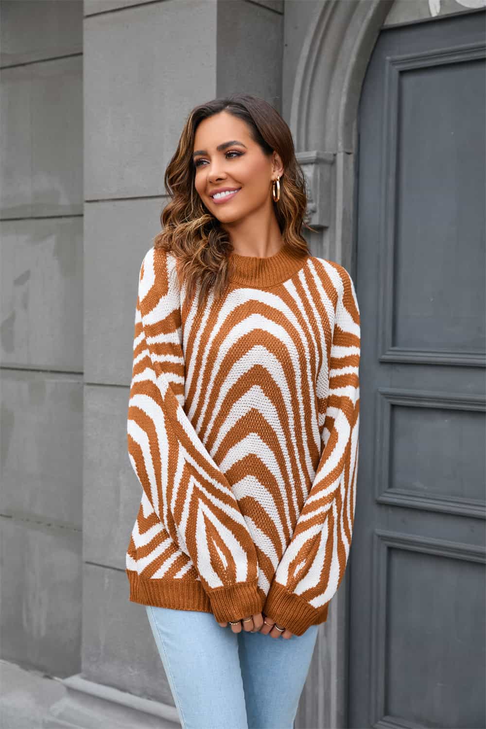 Sweater with Round Neck and Print - Azure-Light gray-S-Nora Luxe